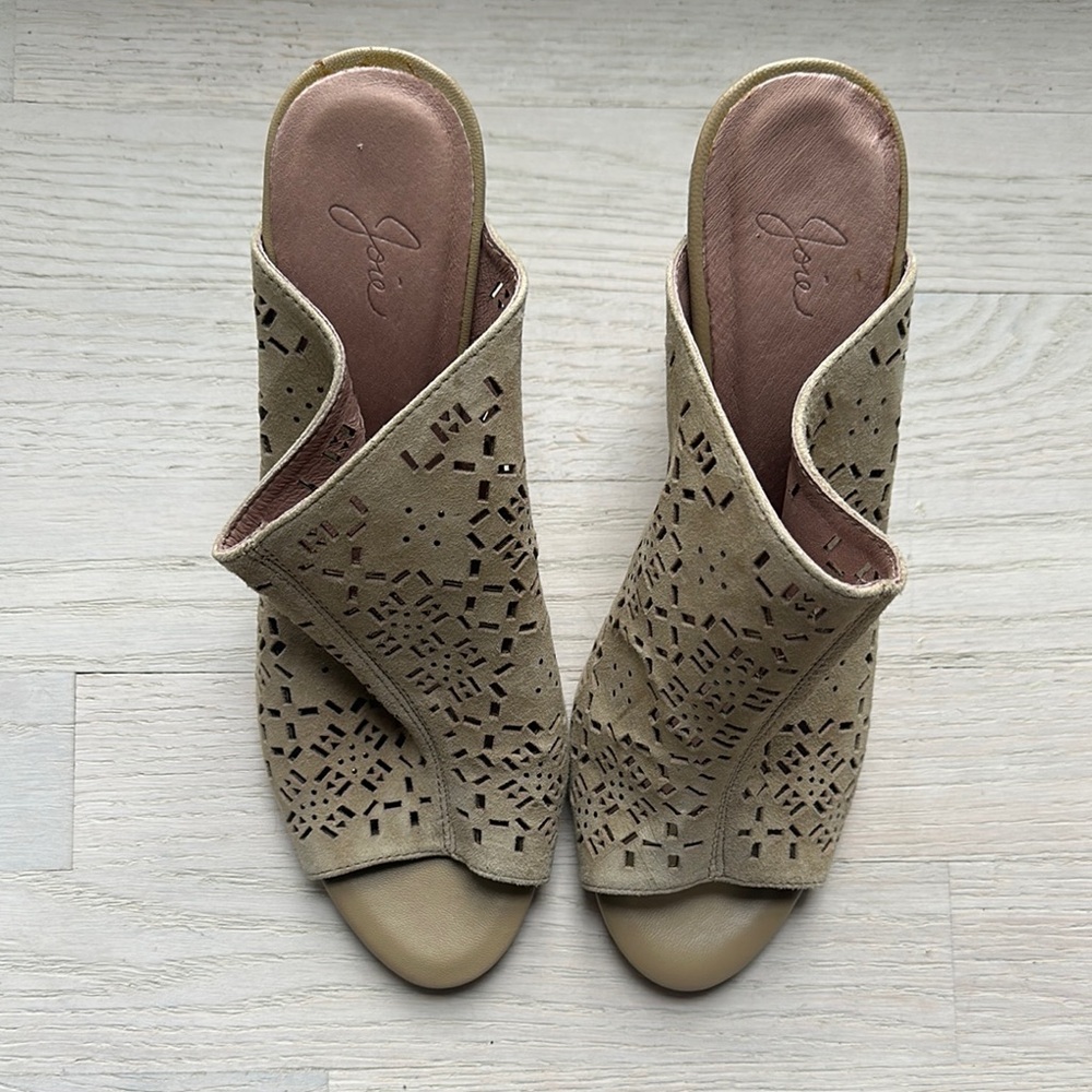 Joie Tan Suede & Gold Studded Mules with Intricate Cut-Out Design